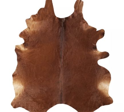 Genuine brown cowhide rug with unique light, medium, and dark patterns.