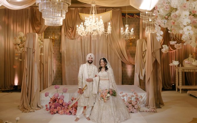 Elegant beige bridal satin draping enhancing a wedding venue with a soft, luxurious ambiance